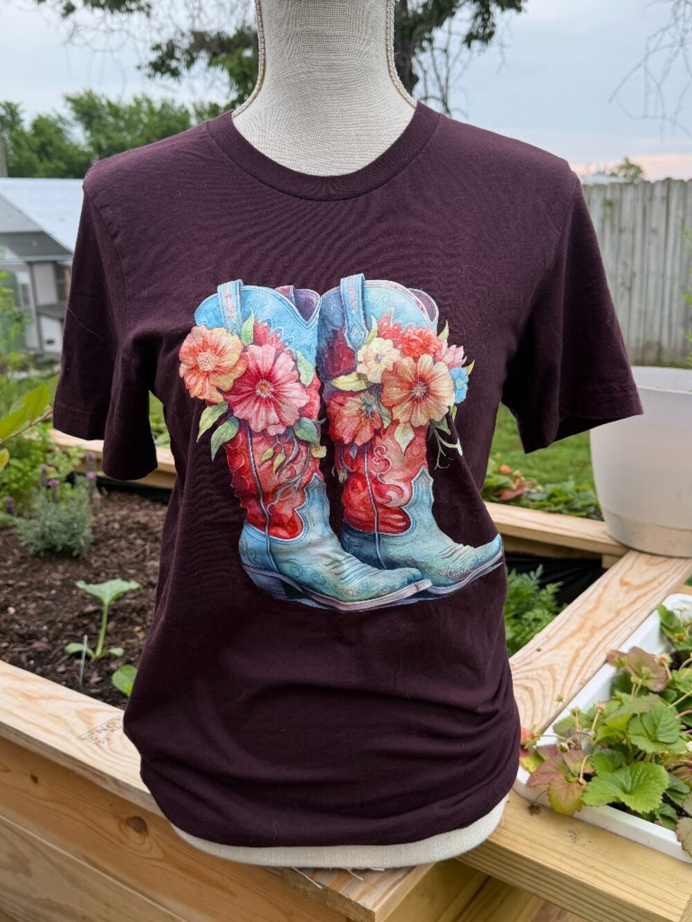 Floral Boots Tee — Bella + Canvas (Oxblood)
